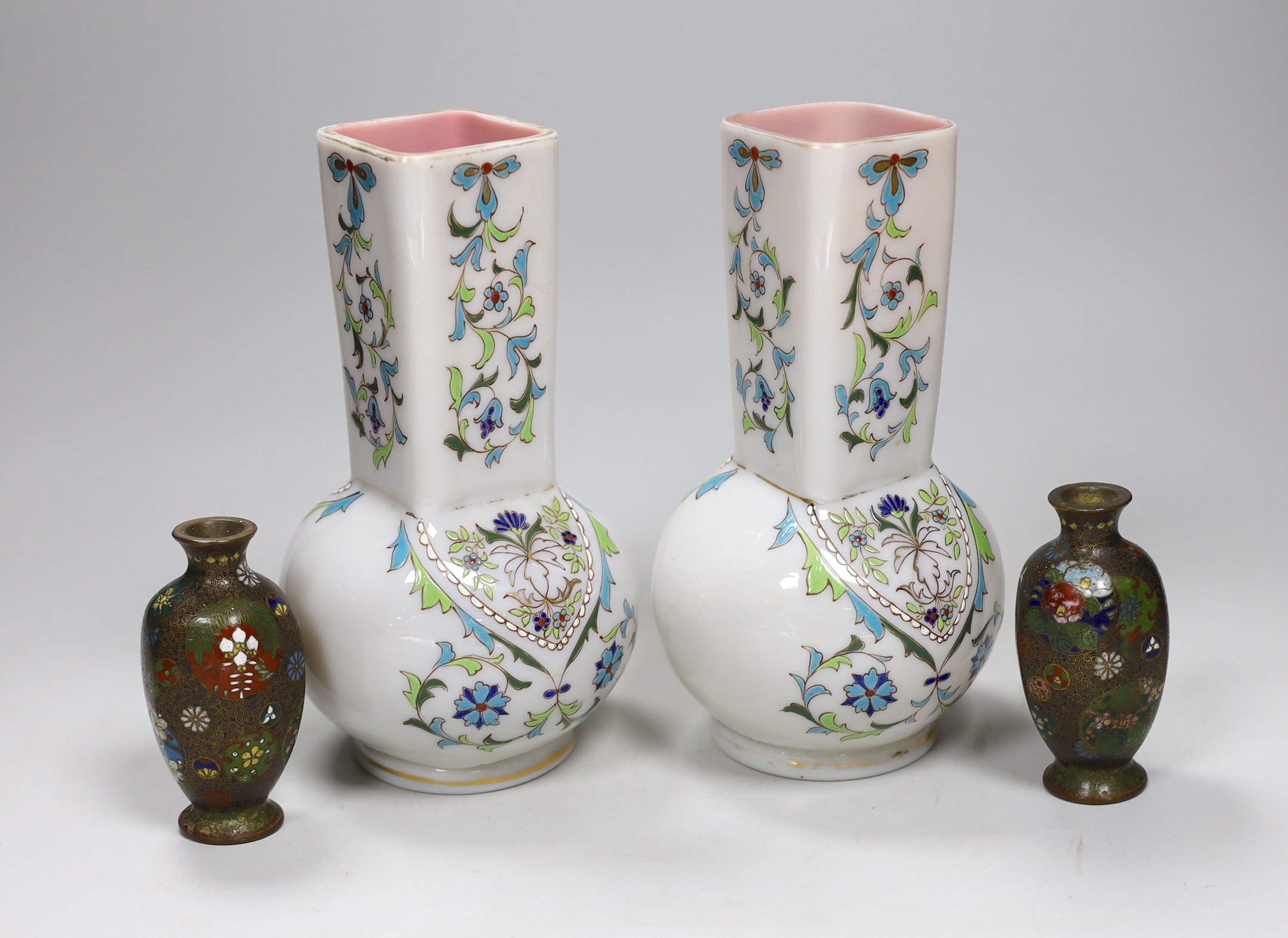 A small pair of Japanese cloisonne vases and a pair of French enamelled glass vases